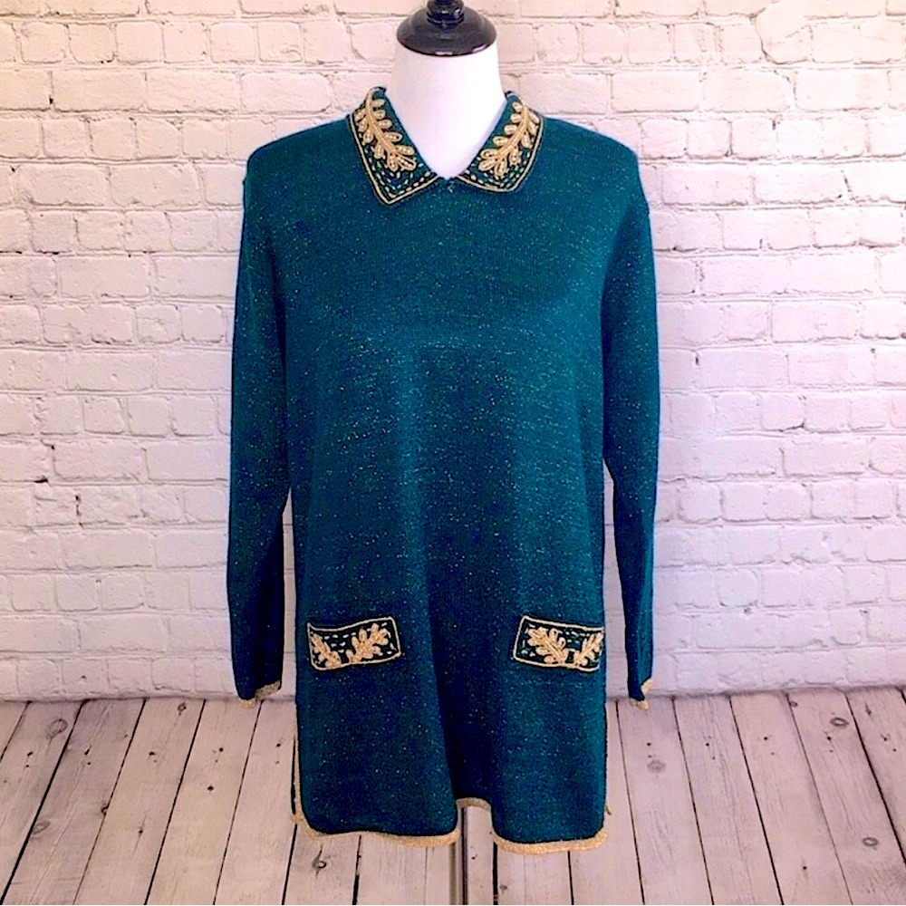 Vintage Green Shimmery Sweater Tunic with Gold Details